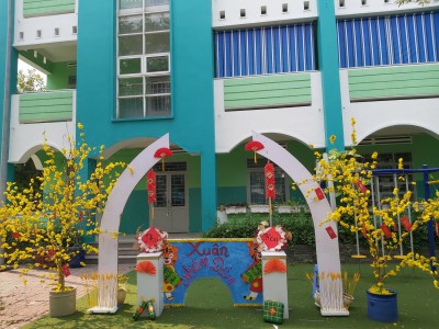 Trường Tiểu học Phú Hòa 3 trang trí hoa mai mừng xuân Nhâm Dần 2022 .