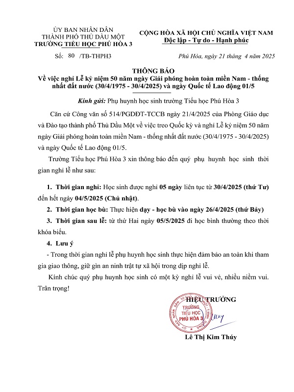 thông báo nghỉ lễ 30 4